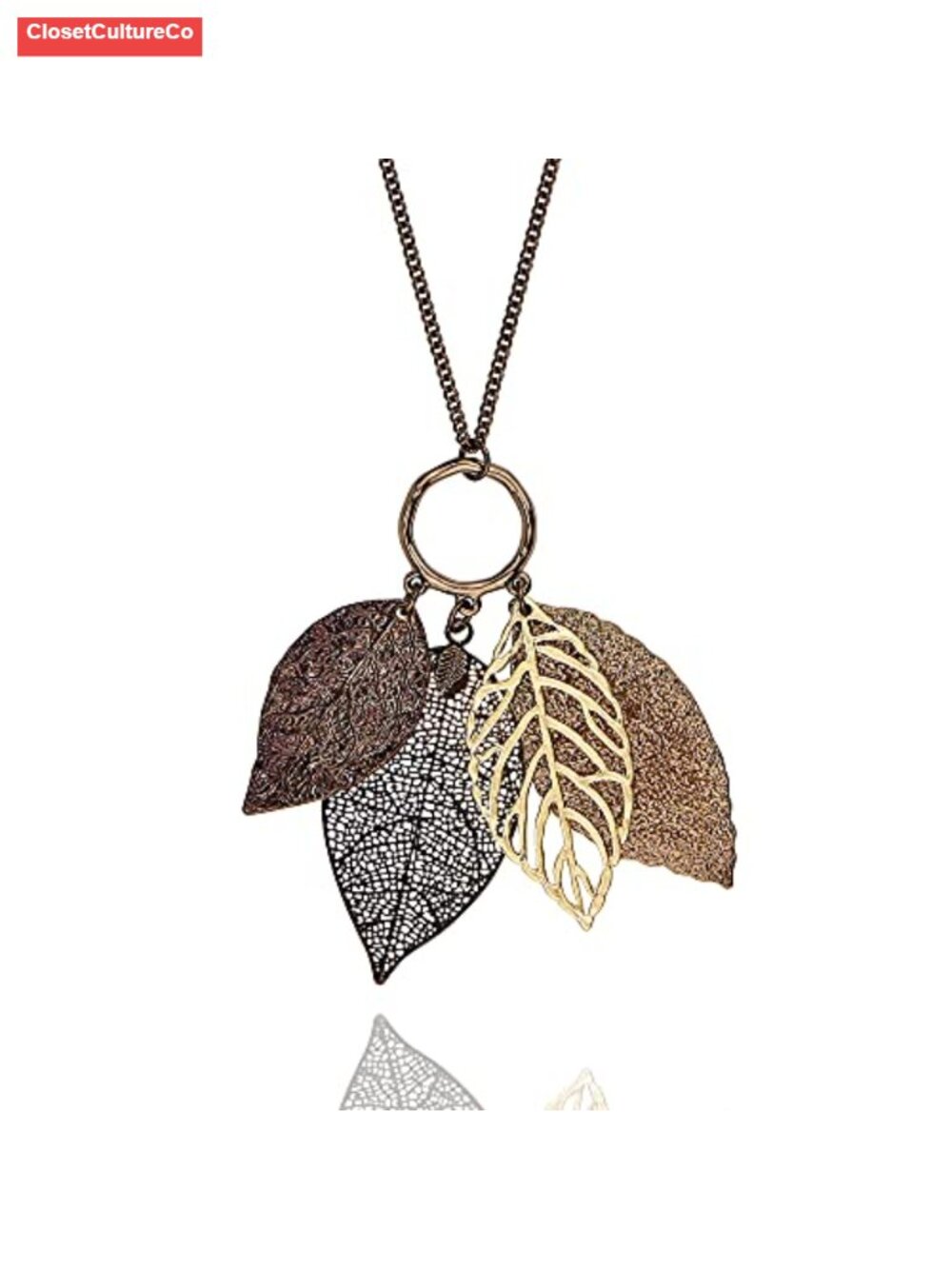 Gold Silver Two Tone Filigree Fall Leaf Pendant Long Necklace Chic Sweater Chain